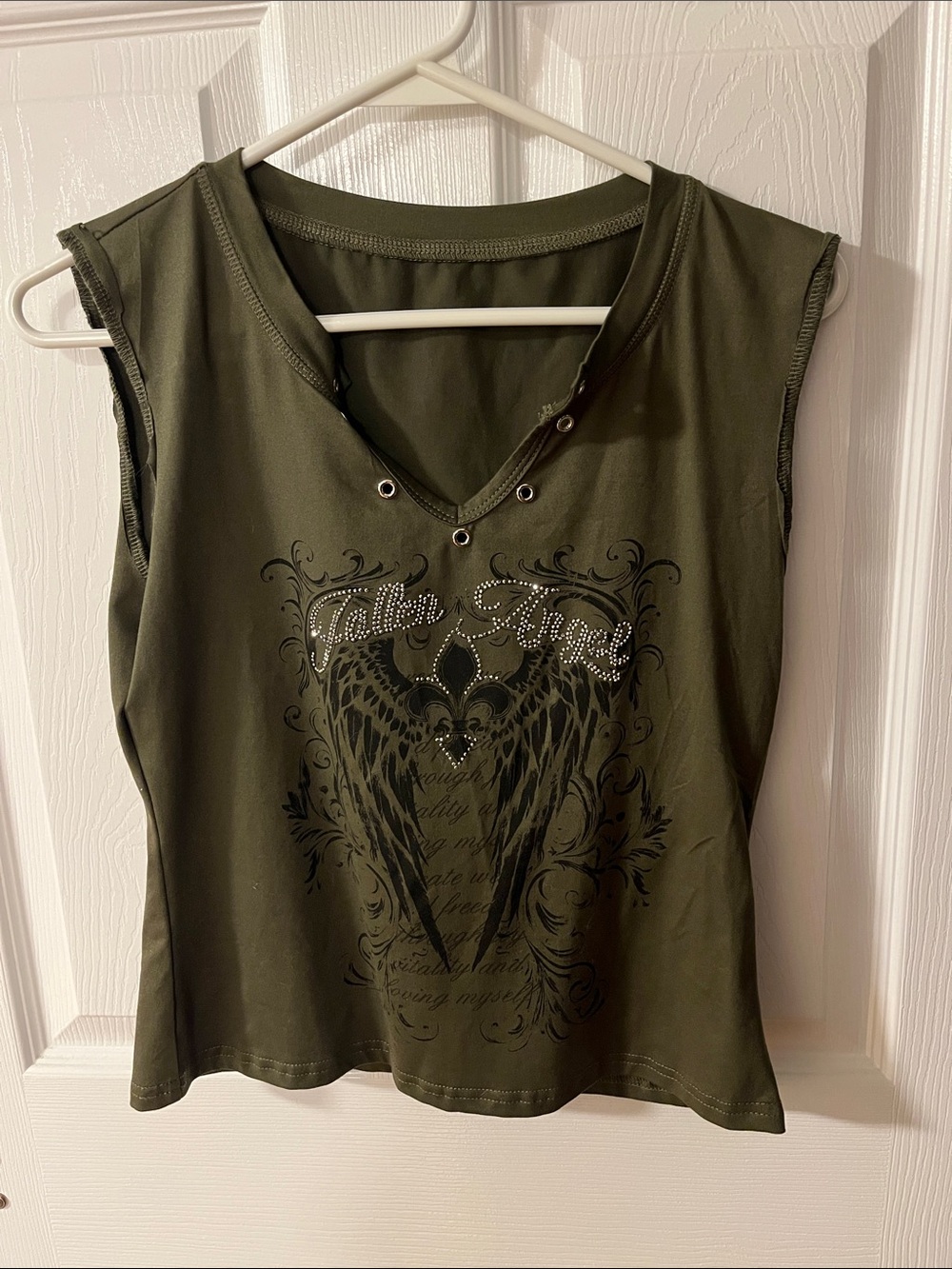 SHEIN Olive Green Studded Graphic V-Neck Tank Top